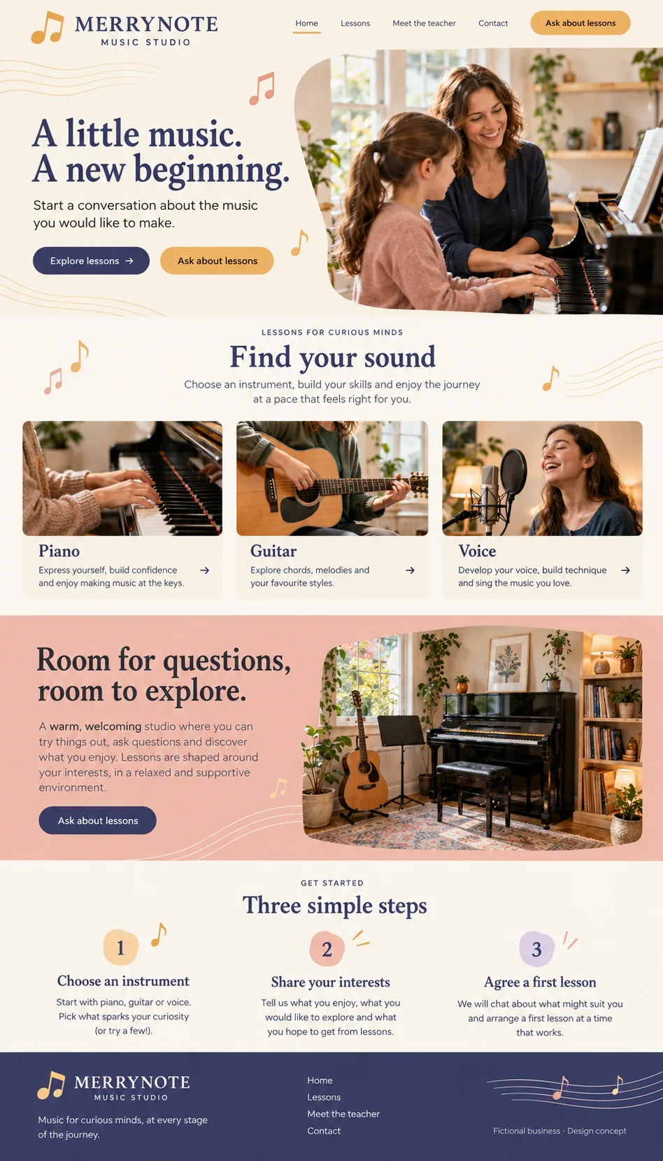 Merrynote Music Studio home page design preview