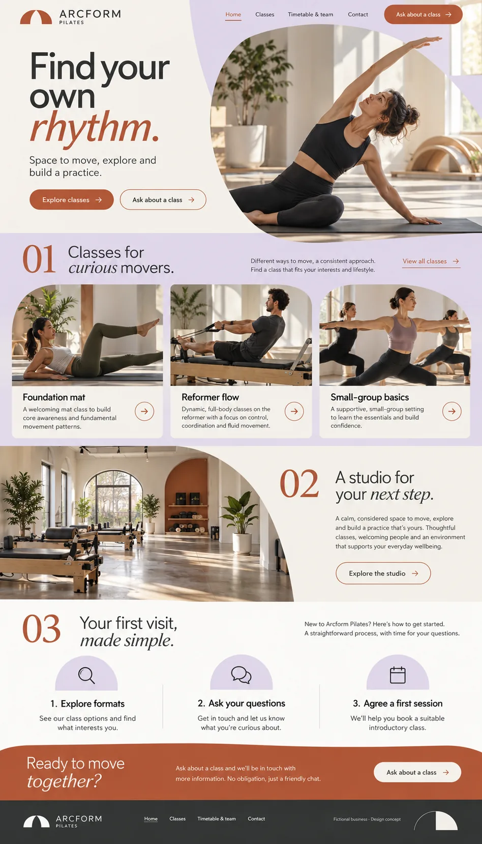 Arcform Pilates home page design preview