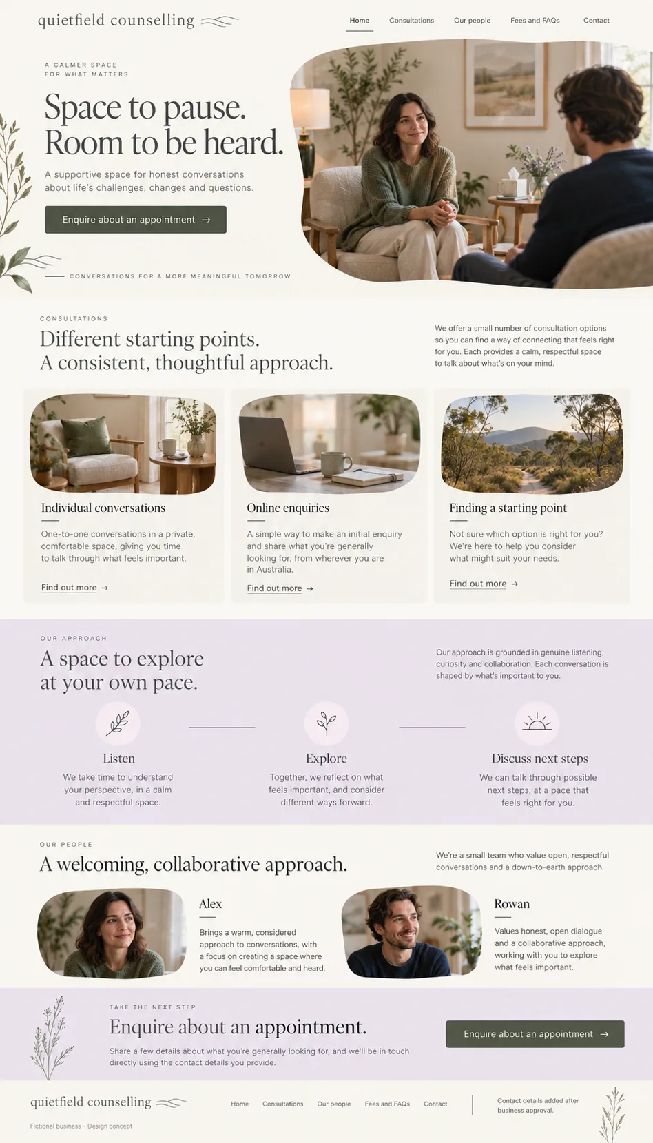 Quietfield Counselling home page design preview